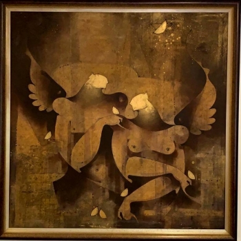 Charcoal & Acrylic on canvas painting titled Angel Couple in Love