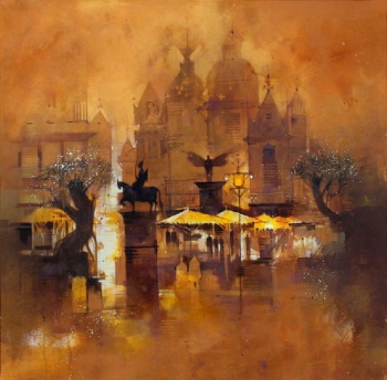 Charcoal and Acrylic on Canvas painting titled A City of Dreams