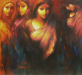 Acrylic on Canvas painting titled In the Warm Glow of Fire