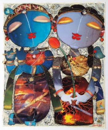 Mixed Media on Canvas painting titled Radha Krishna