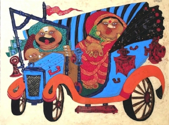 Oil on Acrylic sheet painting titled A Vintage Ride