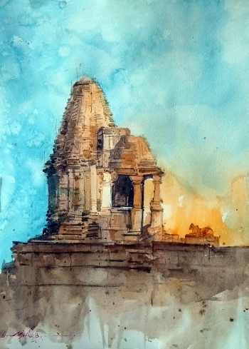 Watercolor - Daniel Smith painting titled Shiva Temple - Nashik INDIA